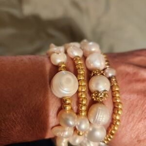 Handmade Freshwater Baroque Pearls & Gold Czech Glass Seed Beads Strech Bracelet